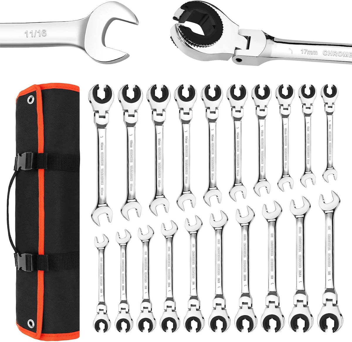 LOSCHEN 20PCS SAE & Metric Ratcheting Combination Wrench Set, with Open Flex-head, Open End Spanner Set with 72-Tooth Gear, CR-V Steel