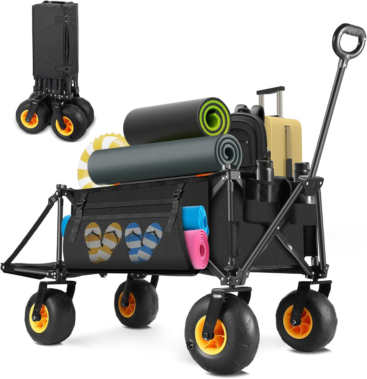 Outdoor Wagon with Inflatable All-Terrain Big Wheels,220 LBS Heavy Duty Folding Beach Wagon with Extra Long Extender,Grocery Cart with Cup Holders and Pocket for Groceries, Garden & Camping