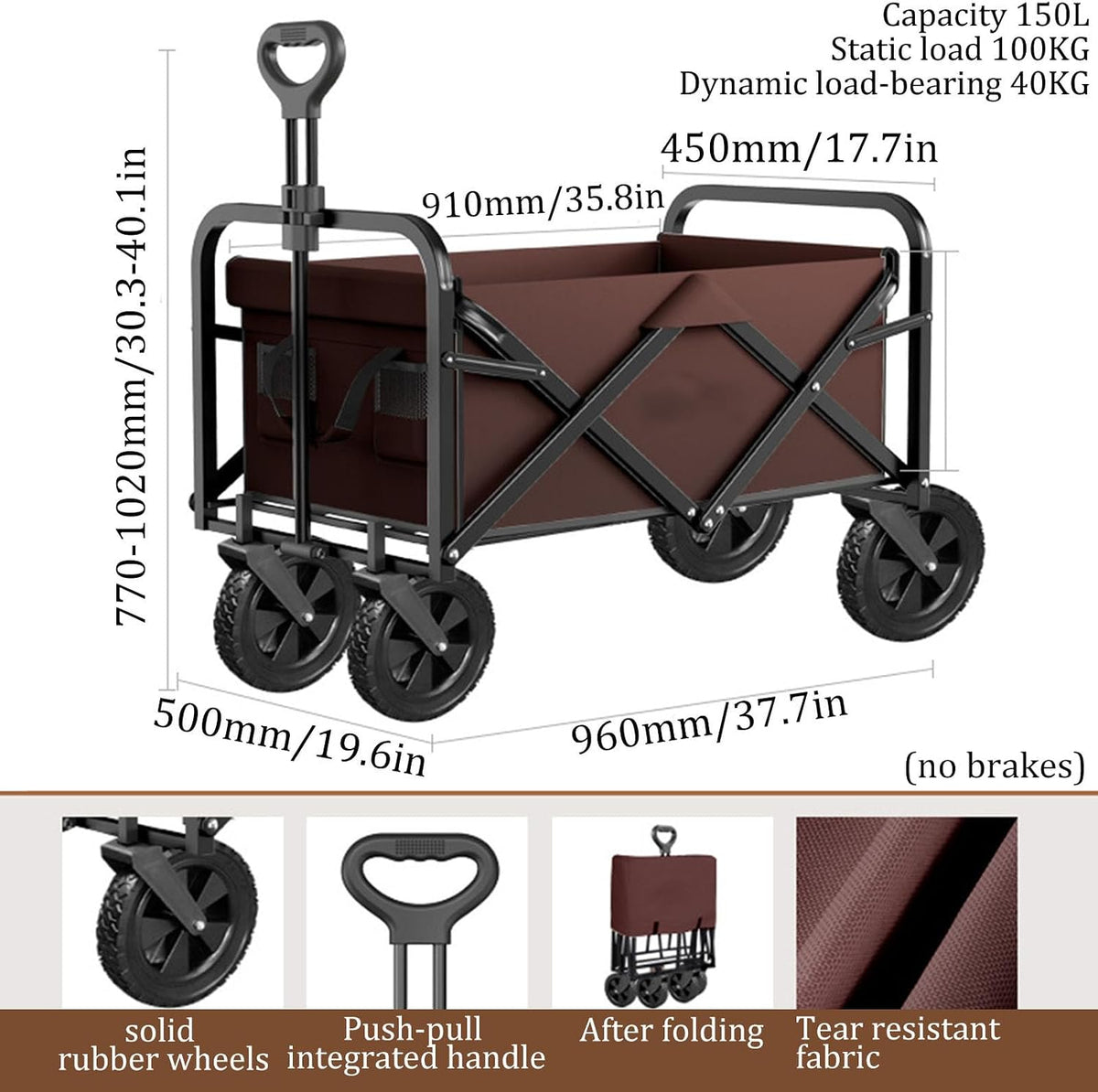 Black Garden Carts,Brown Collapsible Wagon,Beige Coffee Color Sports Outdoor Utility Wagon Folding Bearing 100Kg Garden Wagon Sports Heavy Duty Steel Frame Foldable Yard Car