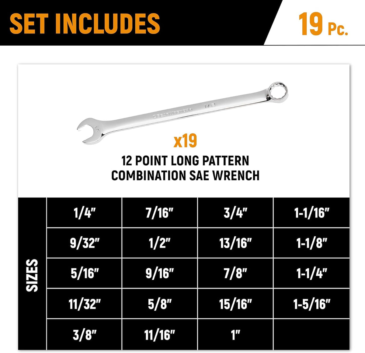 GEARWRENCH 19 Piece 12 Pt Long Pattern Combination SAE Wrench Set in Foam Storage Tray - GWMSCWL12SAE