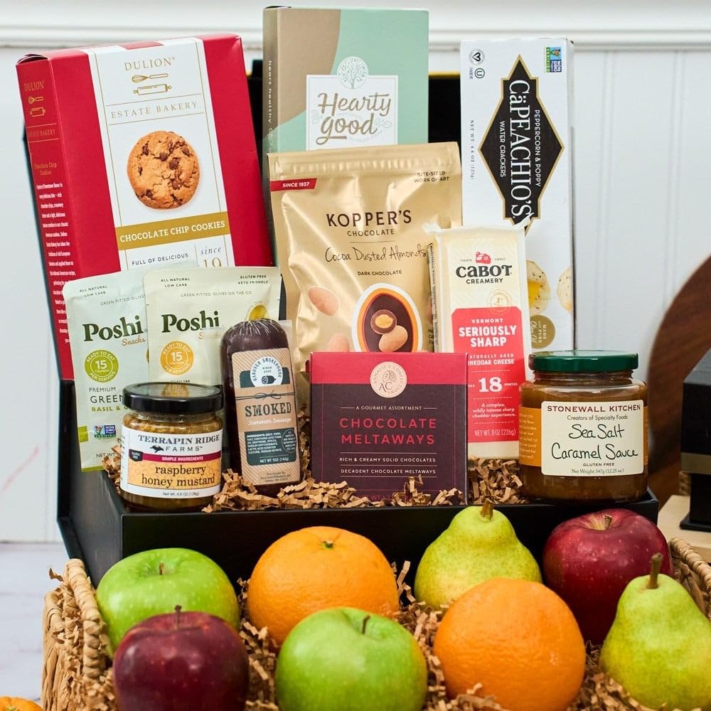 Sympathy Gift Fruit Basket of Fresh Fruits, Cheese, Meat, Chocolate, Crackers, Olives and Cookies by GourmetGiftBaskets.com
