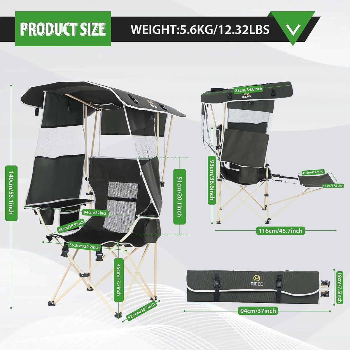 Nice C Beach Wagon with Canopy, Beach Cart with Ballon Wheels for Sand + Nice C Chair with Canopy, Chair with Shades, Sports Chairs, w/Removable Footrest, Cooler Bag, Cup Holder