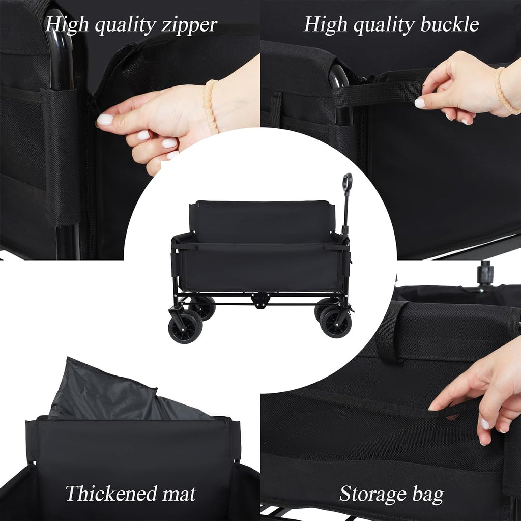 3-in-1 Convertible Folding Wagon Cart with Bench Seat & Storage - 500lbs Heavy-Duty Utility Wagon, 180L Capacity All-Terrain Wheels for Camping, Beach, Sports, Garden (Black)