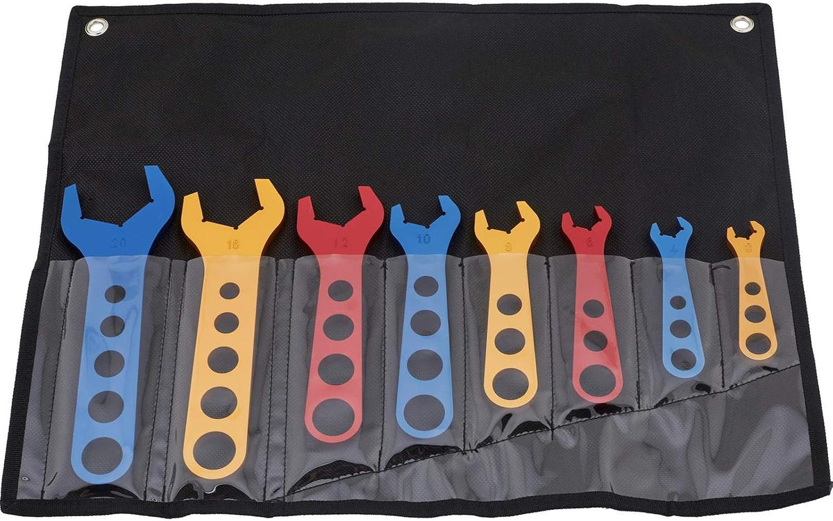 Speedway Motors Aluminum AN Fitting Wrench Set with 72 Piece Cap and Plug Kit, AN3 AN4 AN6 AN8 AN10 AN12 AN16 AN20 Wrenches with Roll Case