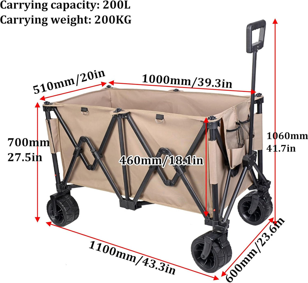 Black Garden Carts,Collapsible Wagon,Sports Outdoor Utility Wagon Garden Wagon Sports Heavy Duty Steel Frame Foldable Yard Car 200Kg Load Camping Cart