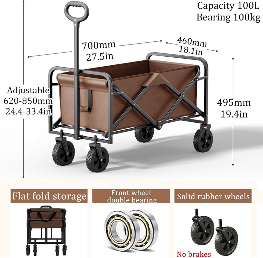 Garden Carts,Coffee Color Collapsible Wagon,Sports Outdoor Utility Wagon Folding Garden Wagon Sports Steel Frame Foldable Yard Car with Solid Wheel Camping Cart
