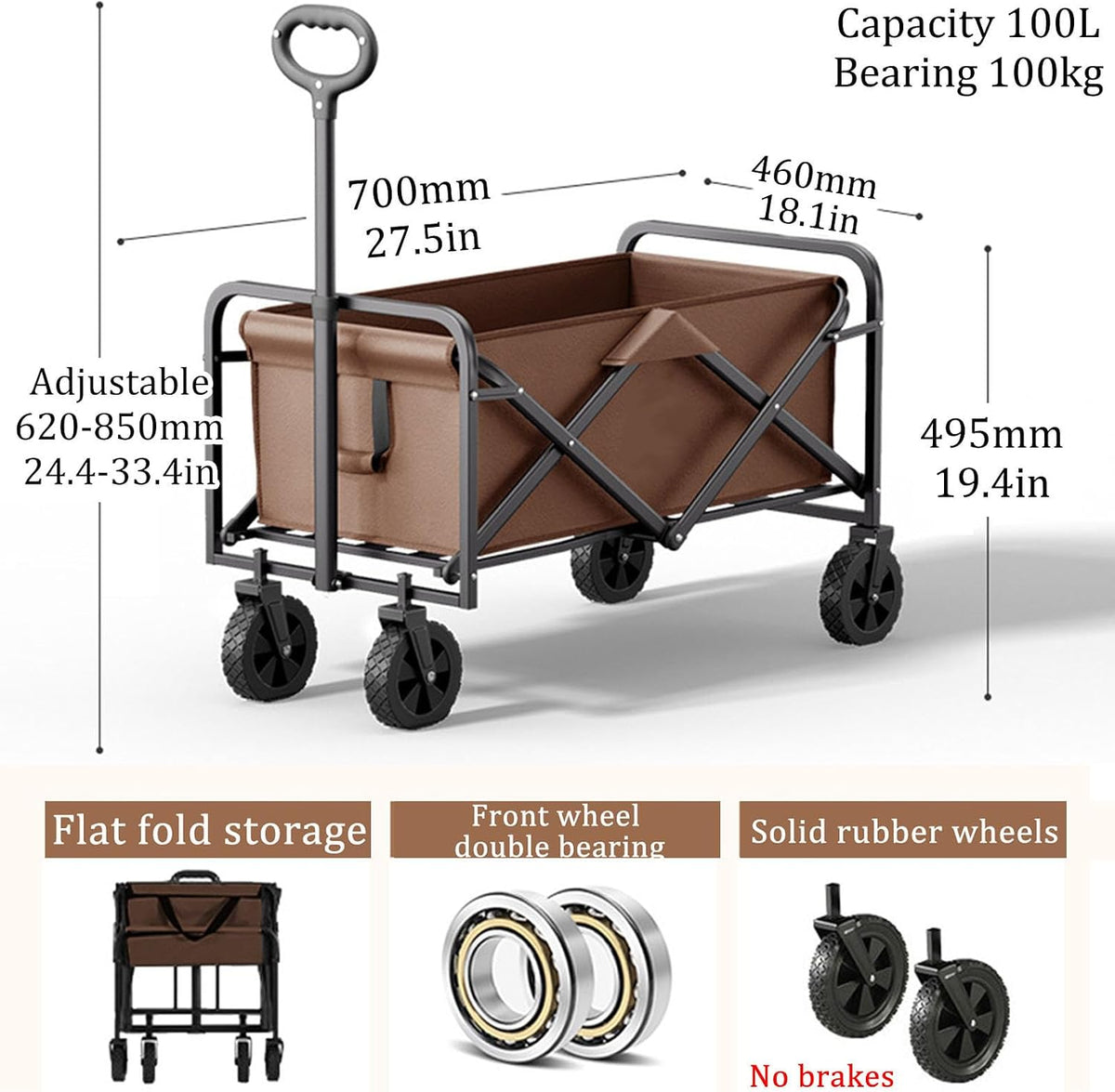 Garden Carts,Coffee Color Collapsible Wagon,Sports Outdoor Utility Wagon Folding Garden Wagon Sports Steel Frame Foldable Yard Car with Solid Wheel Camping Cart