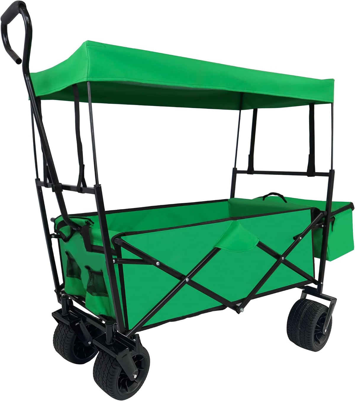 Outdoor Garden Park Wagon with Canopy and Pockets, Foldable Portable Utility Beach Trolley Cart with 7' Wheels for Camping Garden Sports (262LBS Max Weight Capacity) Grass Green As Shown