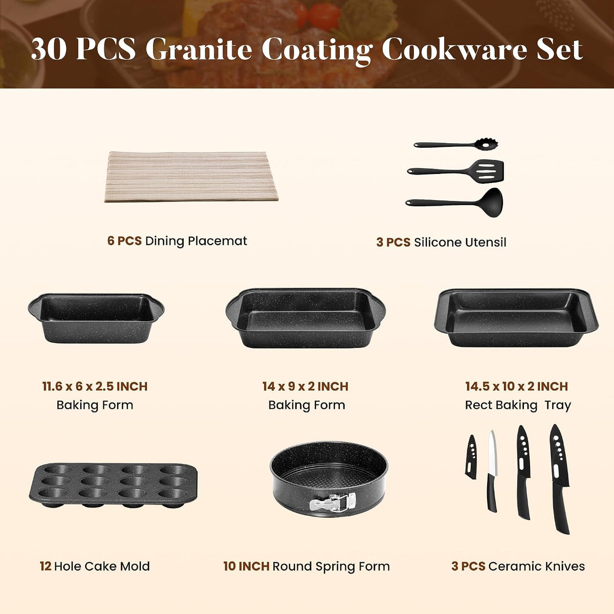 Kitchen Induction Cookware & Bakeware Set - 30 Piece Black Granite Cooking Pans Set, Non-Stick Pots and Pans Set