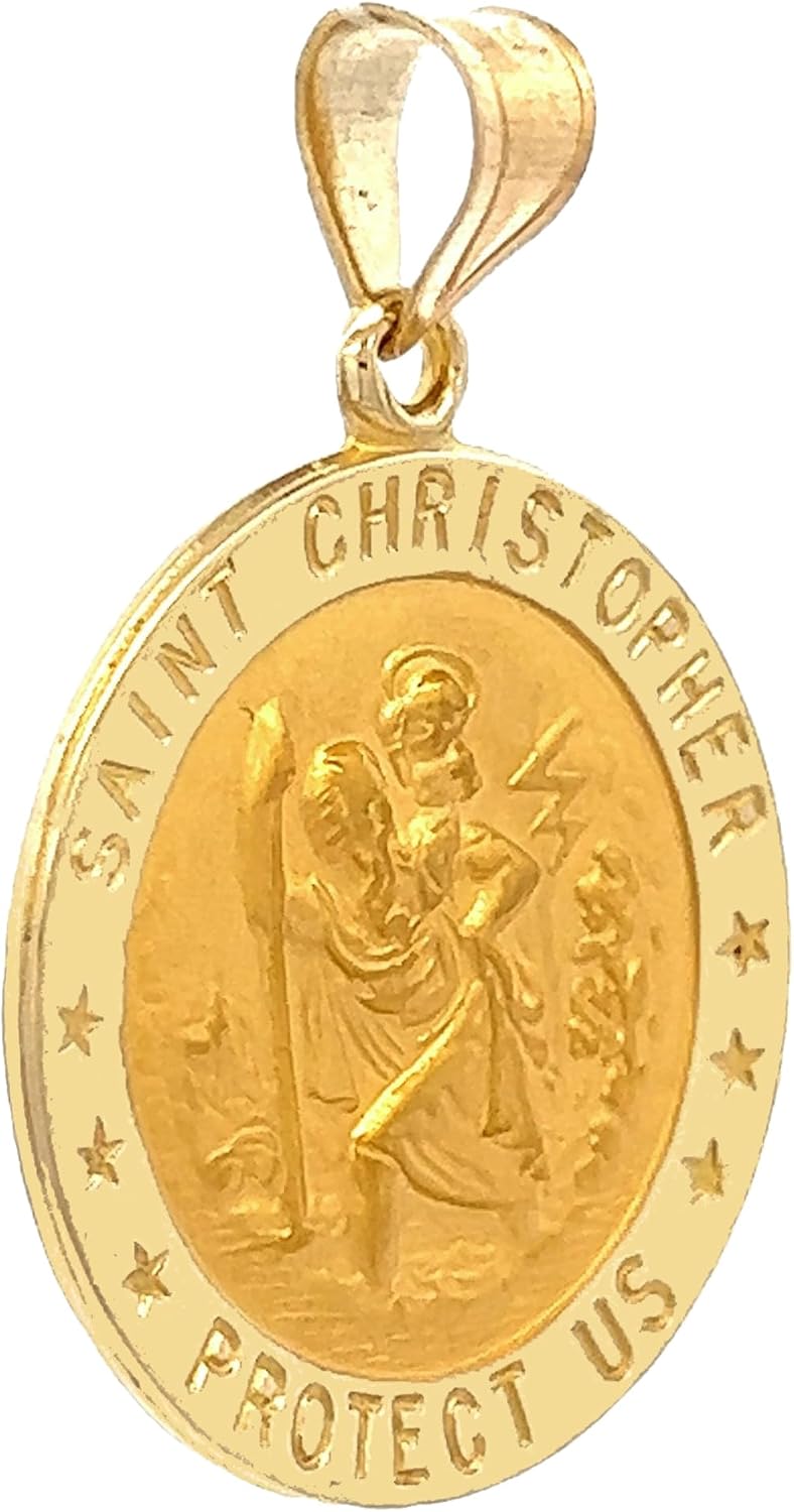 14k Yellow Gold and White Gold Polished Saint Christopher Pendant Medal Necklaces for Men and Boys