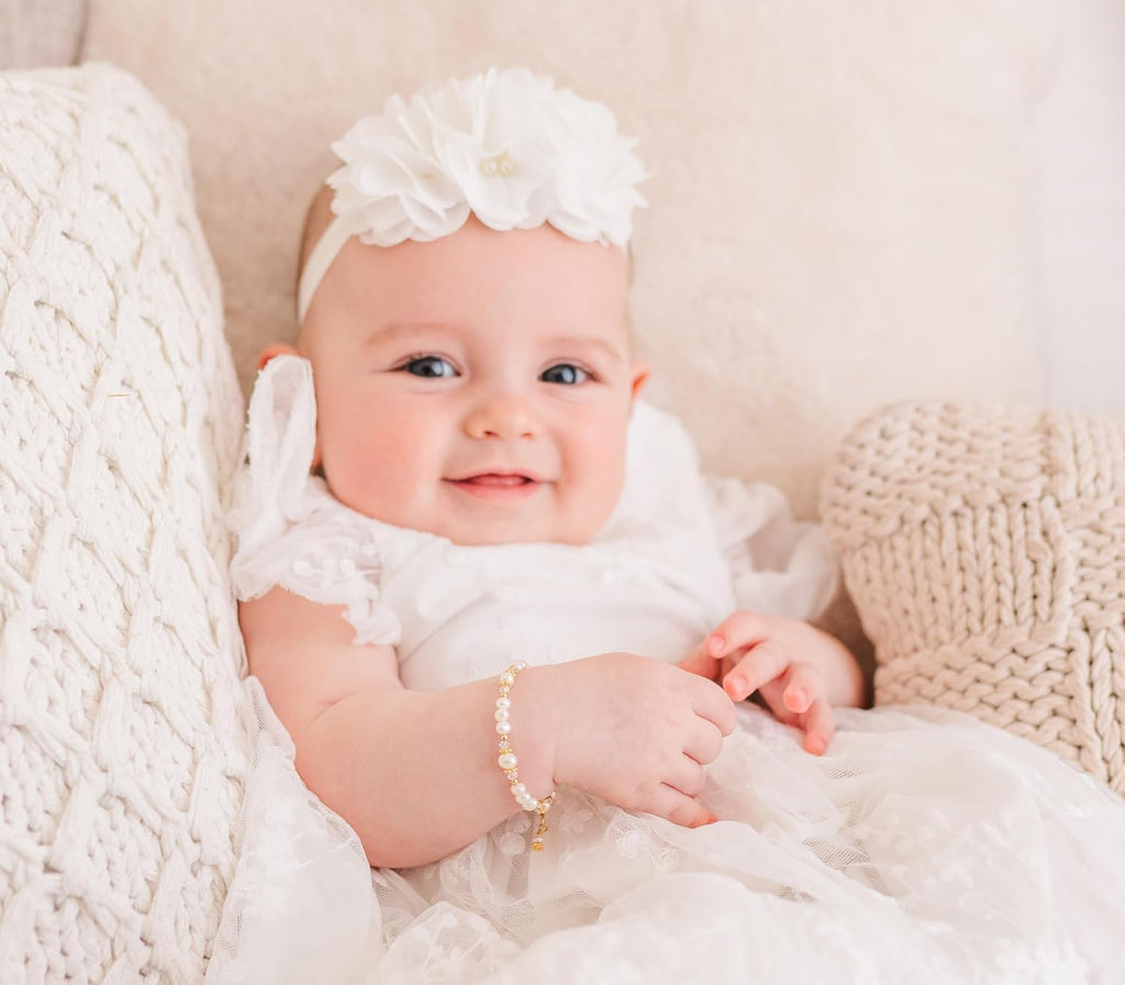Cherished Moments 14K Gold-Plated Personalized Baptism to Bride Cross Bracelet Gift for Infant Girls with Engraved Heart and Cultured Pearls or Baby Christening