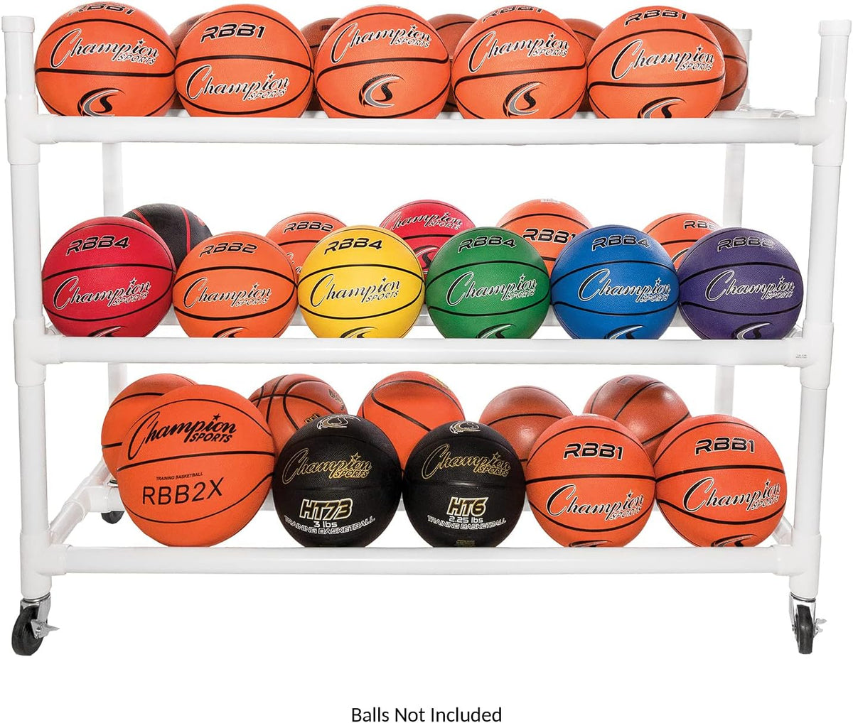 Champion Sports Three Tier Basketball Storage Cart with Locking Swivel Caster Wheels, 30 Ball Capacity (White)