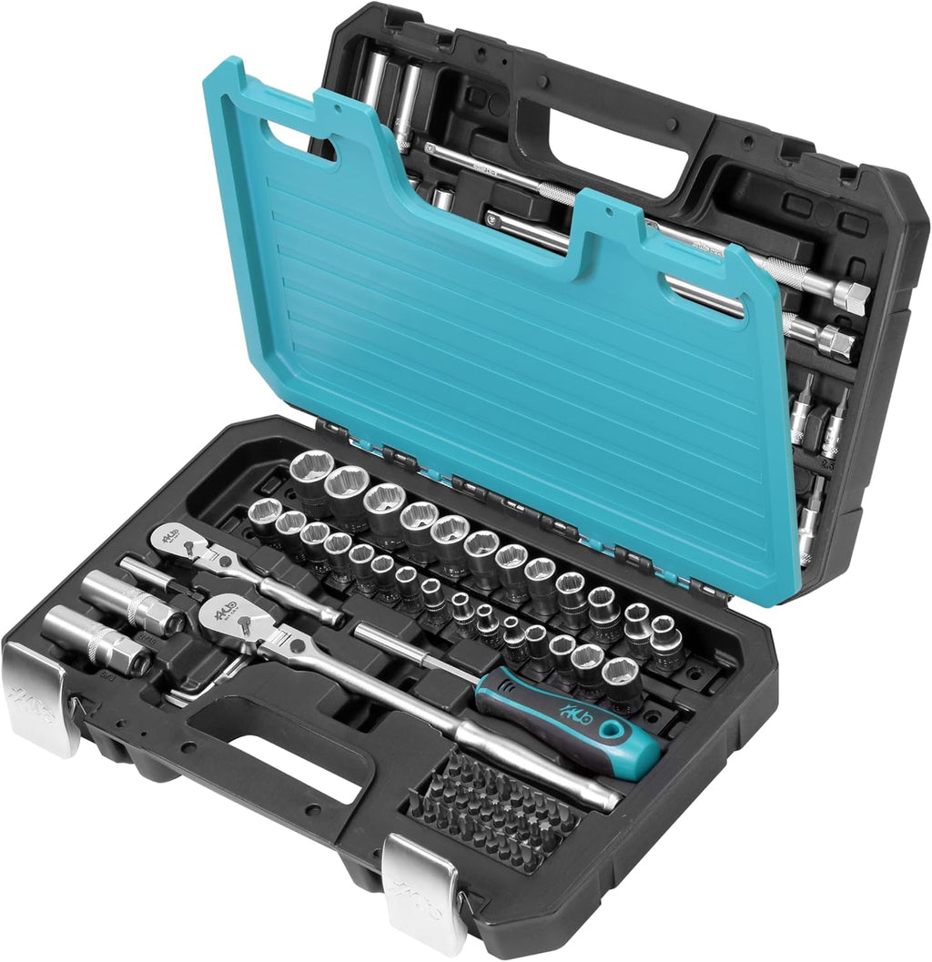 HB 101-Piece Socket Set AKX005-U, 90-Tooth Flex Head Ratchets 3/8'&1/4' Drive, Patented Non-Slip Metric SAE Sockets, Deep & Standard, Extension Bars, Bit Sockets, Rails, Case, Made in Taiwan