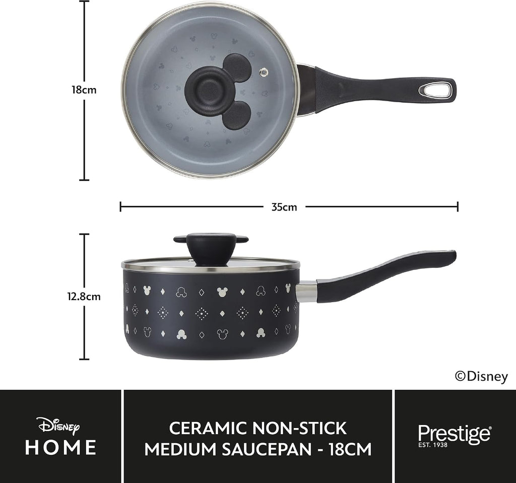 Prestige Disney Monochrome Ceramic Non Stick Saucepan Set of 3 with Lids - 16, 18 & 20cm Induction Saucepan Set, PFAS & PFOA Free, Non Toxic Cookware, Black & White