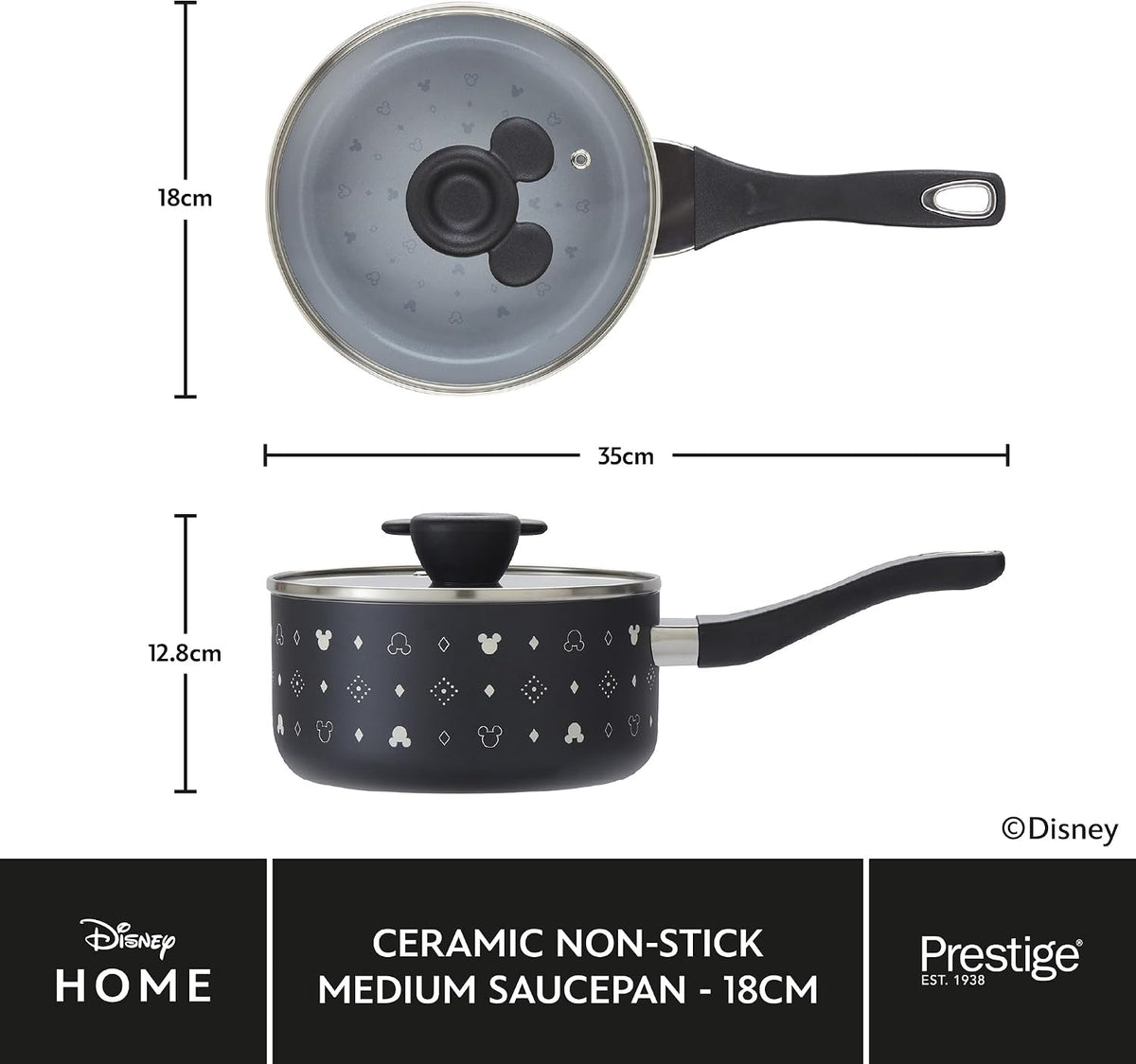 Prestige Disney Monochrome Ceramic Non Stick Saucepan Set of 3 with Lids - 16, 18 & 20cm Induction Saucepan Set, PFAS & PFOA Free, Non Toxic Cookware, Black & White