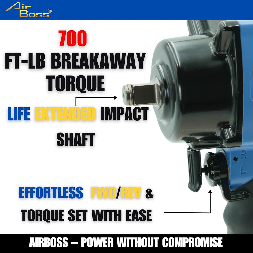 Airboss AW-100T 1/2-Inch Stubby Air Impact Wrench, 700 ft-lbs Breakaway Torque, Twin Hammer, Magnesium Alloy, High Torque Compact Lightweight Pneumatic Tool for Auto Shop Tire Service