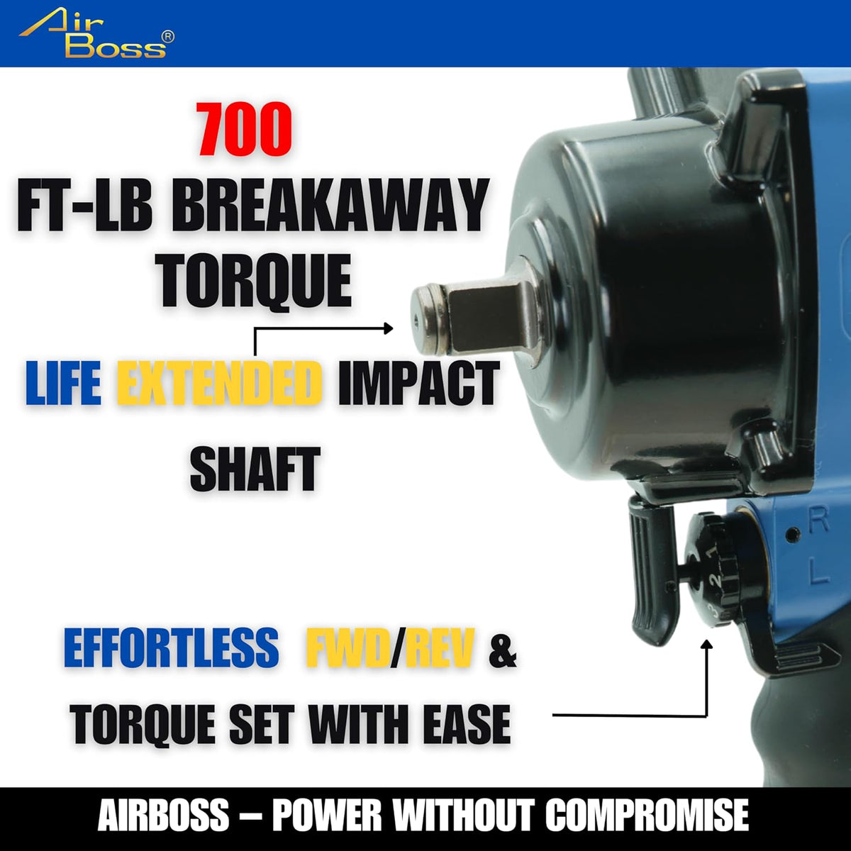 Airboss AW-100T 1/2-Inch Stubby Air Impact Wrench, 700 ft-lbs Breakaway Torque, Twin Hammer, Magnesium Alloy, High Torque Compact Lightweight Pneumatic Tool for Auto Shop Tire Service