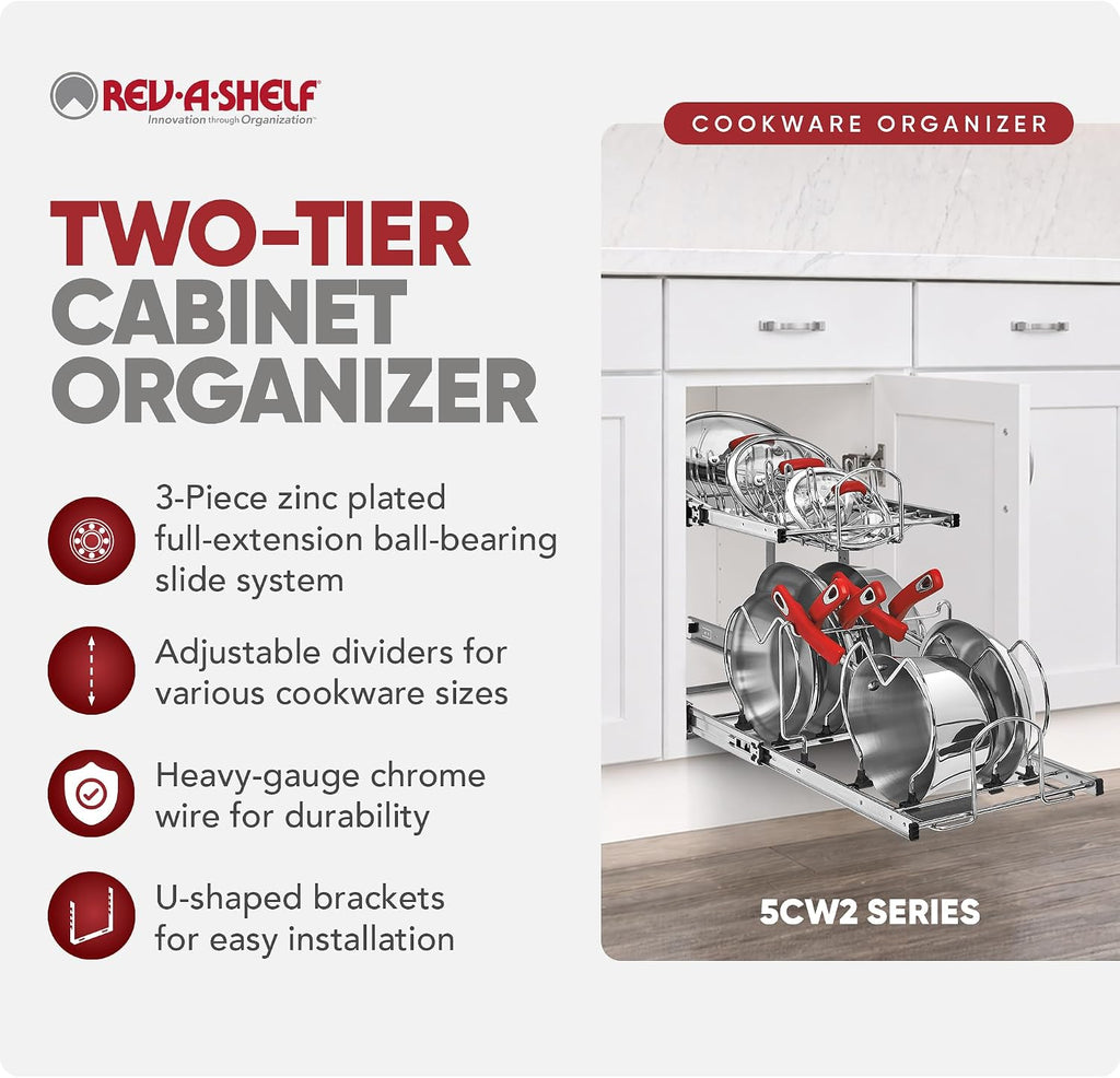Rev-A-Shelf 2-Tier Kitchen Cabinet Pullout, Cabinet Organizer for Pots, Pans, and Lid Cookware, Adjustable Heavy Duty Wire, Min Opening Width of 11.5', Chrome, 5CW2-1222-CR