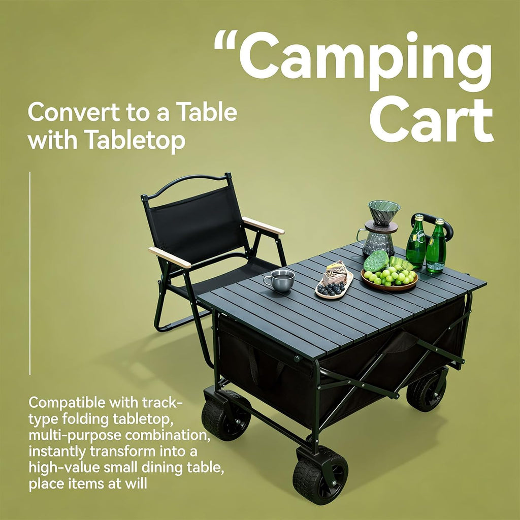 Collapsible Folding Camping Wagon with Table & 2 Folding Chairs, 400L Large Capacity Heavy Duty Utility Beach Cart with All-Terrain Wheels, for Outdoor, Garden, Grocery, Beach, Camping (Khaki)