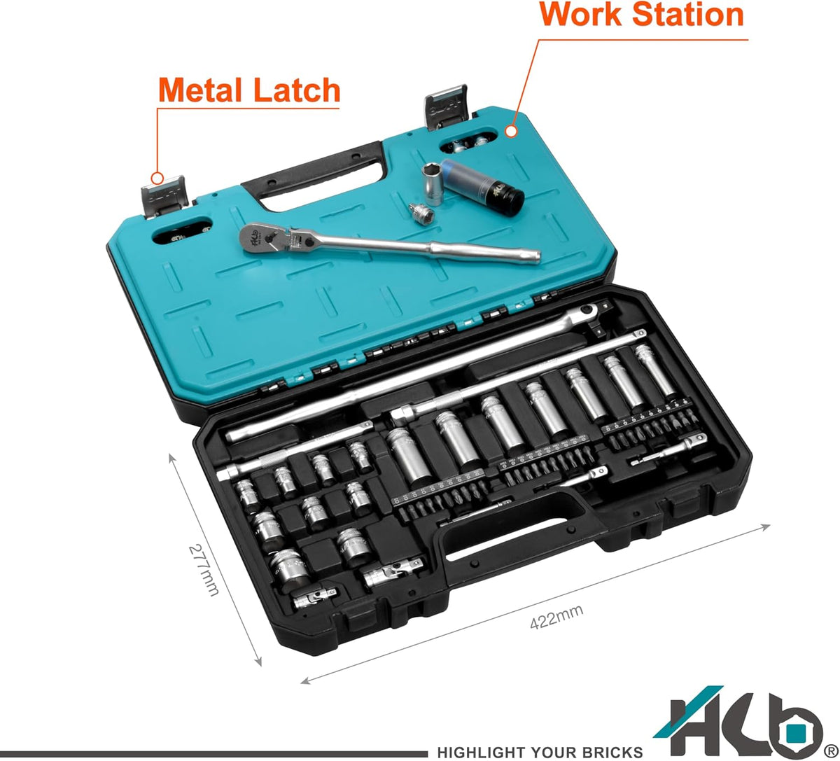 HB 123-Piece Socket Set AKX008-U, 90T Flex Head Ratchet 3/8', 72T Stubby Ratchet 1/4', Dual Drive Breaker Bar, Metric & SAE Non-Slip Deep & Semi-Deep Impact Sockets, Chrome Vanadium, Made in Taiwan