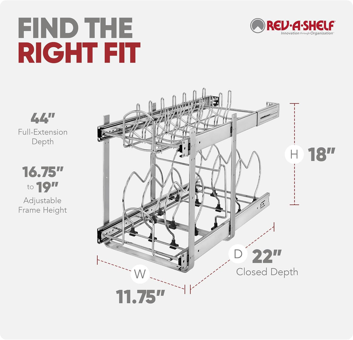 Rev-A-Shelf 2-Tier Kitchen Cabinet Pullout, Cabinet Organizer for Pots, Pans, and Lid Cookware, Adjustable Heavy Duty Wire, Min Opening Width of 11.5', Chrome, 5CW2-1222-CR