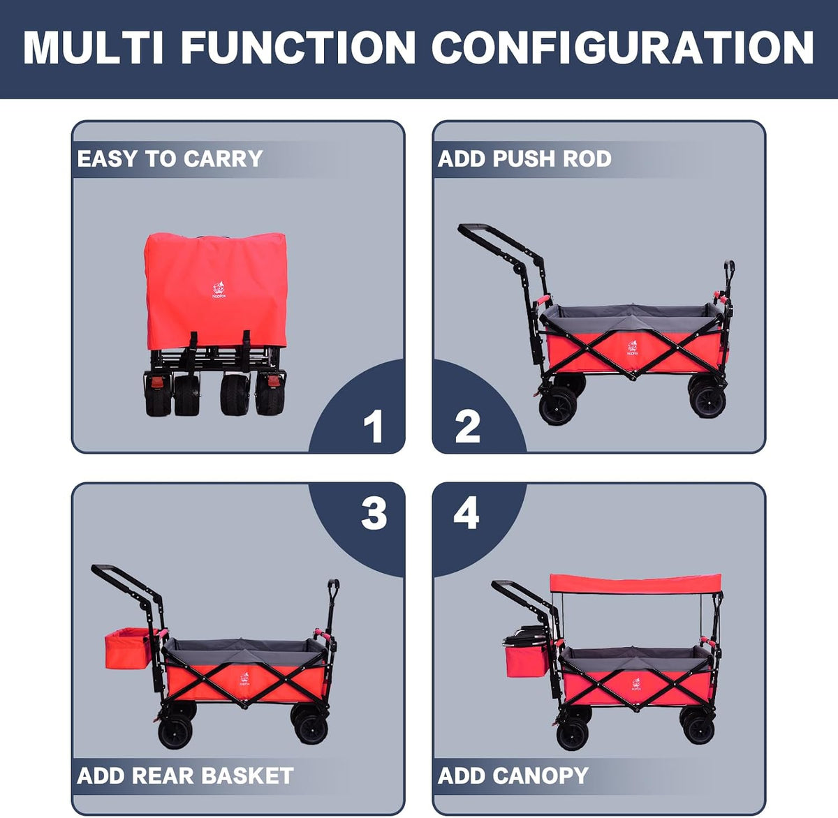 Collapsible Wagon Cart with Removable Canopy, Heavy Duty Foldable Wagon with 4' Large All Terrain Wheels, Brake, Cooler Bag, Adjustable Handles for Garden Beach Sports (Red)