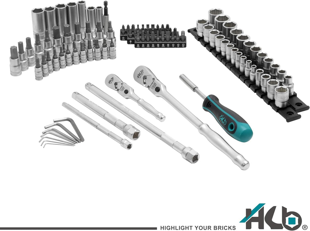 HB 101-Piece Socket Set AKX005-U, 90-Tooth Flex Head Ratchets 3/8'&1/4' Drive, Patented Non-Slip Metric SAE Sockets, Deep & Standard, Extension Bars, Bit Sockets, Rails, Case, Made in Taiwan