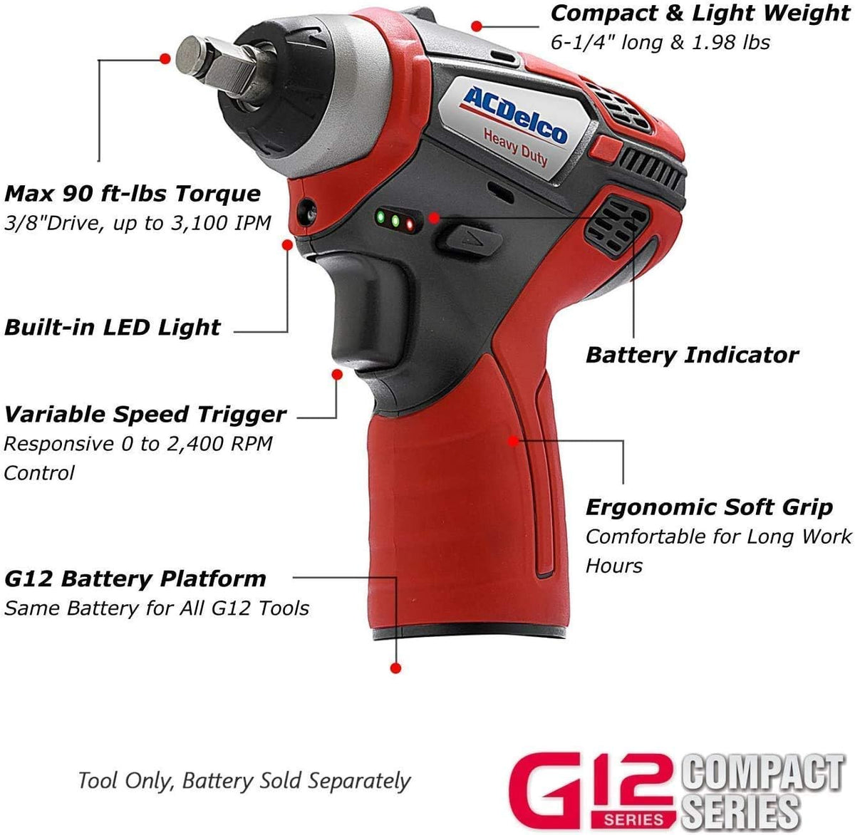 ACDelco ARW12103-K1 G12 Series 12V Cordless Li-ion 3/8' Brushless Ratchet Wrench & Impact Wrench Combo Tool