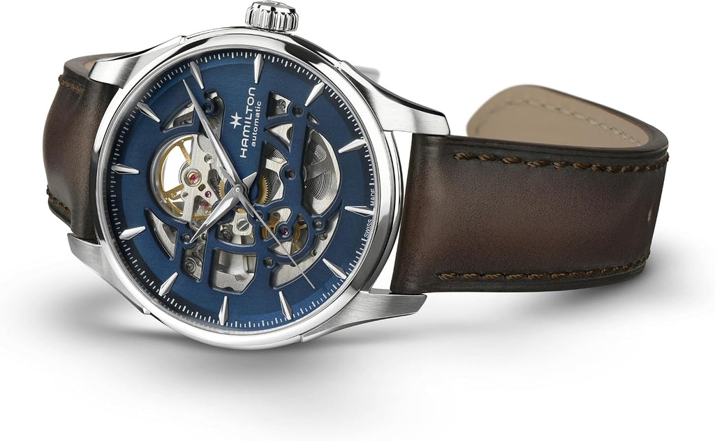 Hamilton Jazzmaster Skeleton Automatic Men's Watch, 40mm Stainless Steel Case, Swiss Made, Blue Dial Analog Wrist Watch for Men, 50m Waterproof, Sapphire Crystal, 3-Hand Movement, Cow Leather Strap