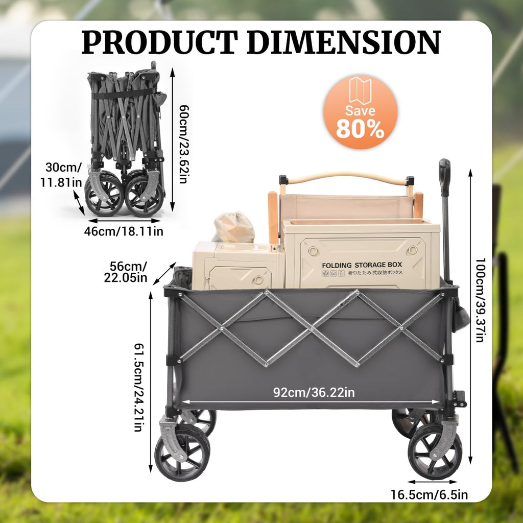 Portable 400L Collapsible Wagon Grey Large Capacity Camping, Sports, Garden, Baseball Versatile Utility
