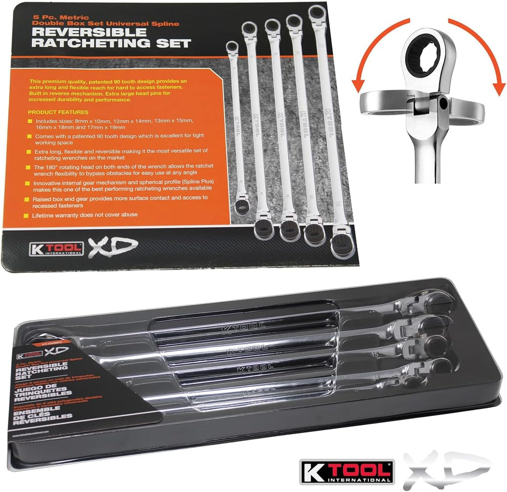 K Tool International XDDBM10 5 Piece Reversible Double Box Ratcheting Wrench Set for Garages, Repair Shops, and DIY, Black