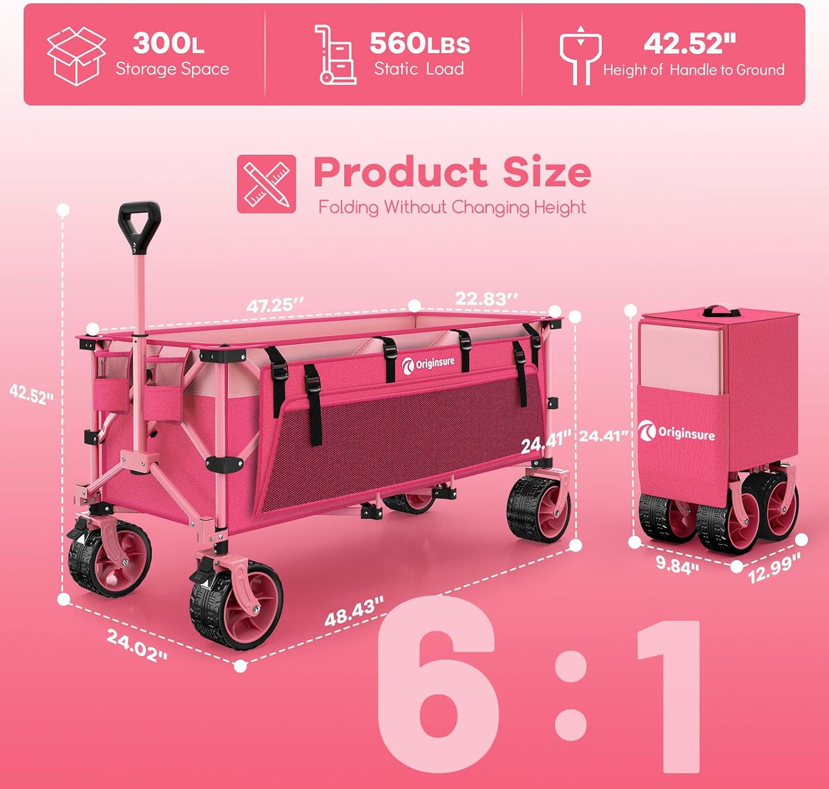 Originsure 48' L Collapsible Beach Wagon Cart Foldable, 560LB Weight Capacity 300L Heavy Duty Folding Wagons with Big All-Terrain Wheels, Utility Carts for Groceries, Camping, Sports - Pink