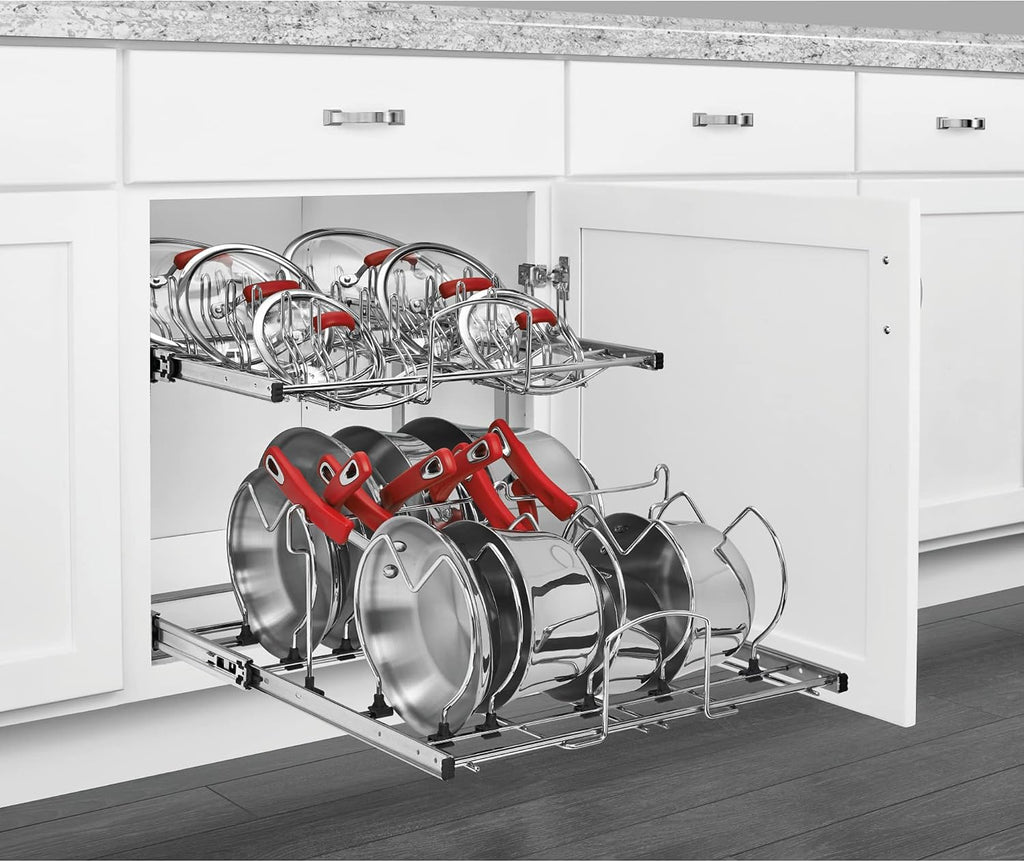 Rev-A-Shelf 2-Tier Kitchen Cabinet Pullout, Cabinet Organizer for Pots, Pans, and Lid Cookware, Adjustable Heavy Duty Wire, Chrome, Min Opening Width of 20.5', 5CW2-2122-C