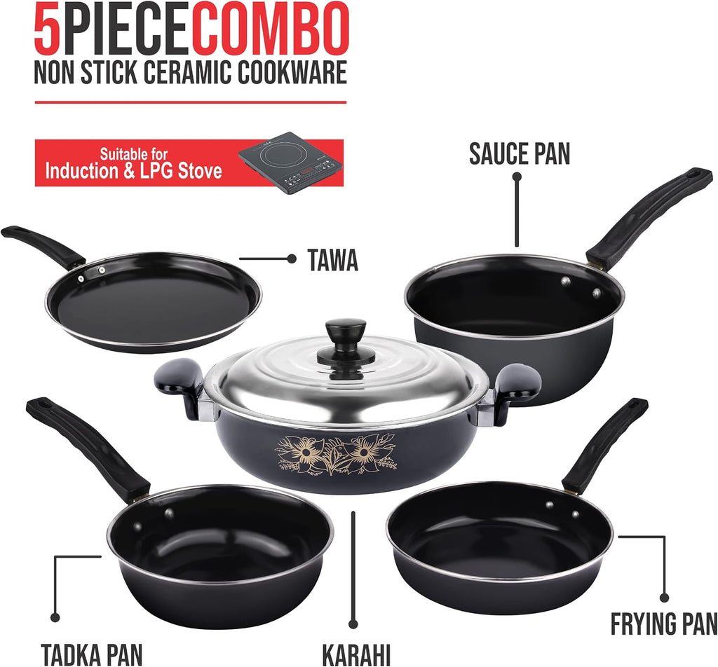 5 Piece Kitchen Accessories Set | Non Stick Induction Friendly Cookware | Kadai with Lid , Fry Pan , Tawa , Sauce & Tadka Pan | Ceramic Hard Anodized | Cast Iron Utensils