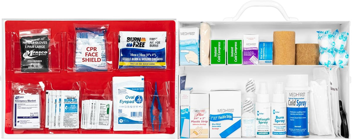 MFASCO Restaurant First Aid Kit - 2 Shelf Metal Cabinet, OSHA 2021 Class A - Catering, Food Service Areas, Food Trucks - Metal First Aid Cabinet Wall Mount for Businesses - Burn Care & Blue Bandages