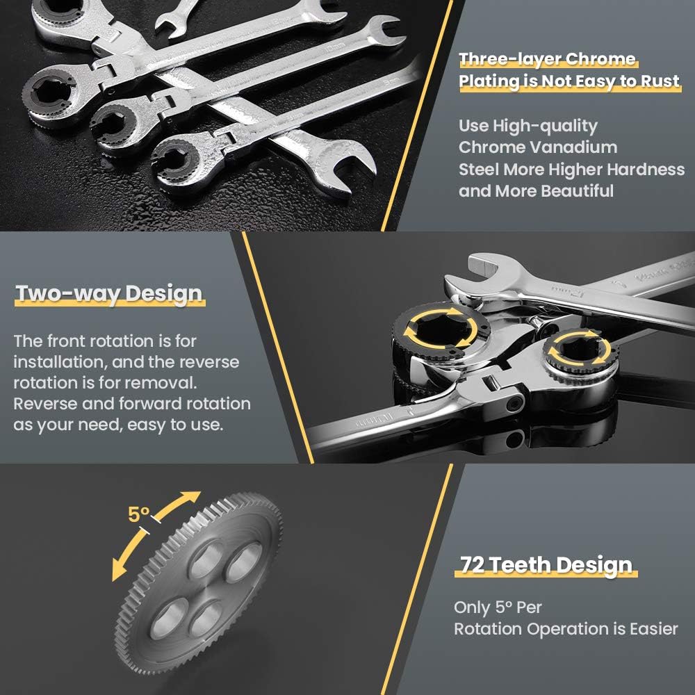 Anbull Ratcheting Wrench Set with Open Flex-head, 12PCS Metric (8-19mm) Combination Spanner with 72 Teeth, 180° Flex-head Tubing Ratchet Wrench Set