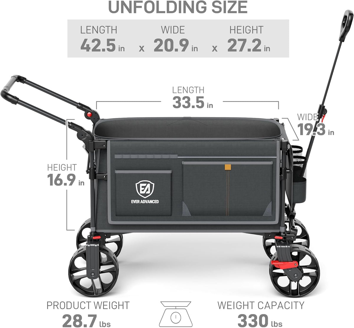 EVER ADVANCED Folding Push Wagon with Brakes, Portable Shopping Cart, Collapsible Wagon Cart with All-Terrain Big Wheels for Camping, Beach, Sports