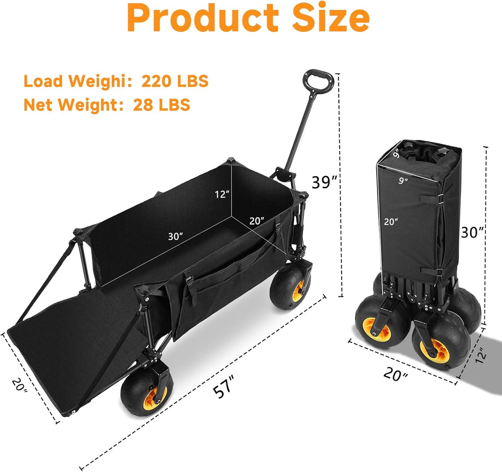 Outdoor Wagon with Inflatable All-Terrain Big Wheels,220 LBS Heavy Duty Folding Beach Wagon with Extra Long Extender,Grocery Cart with Cup Holders and Pocket for Groceries, Garden & Camping