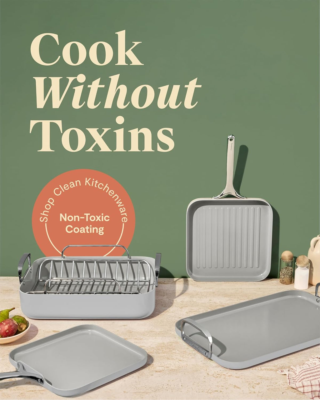 Caraway Square Cookware Set - Square Pans Set - Perfect for Griddling, Toasting, Searing, Roasting, and More - Non-Stick Ceramic Coated Pans - Non Toxic, PTFE & PFOA Free - Gray