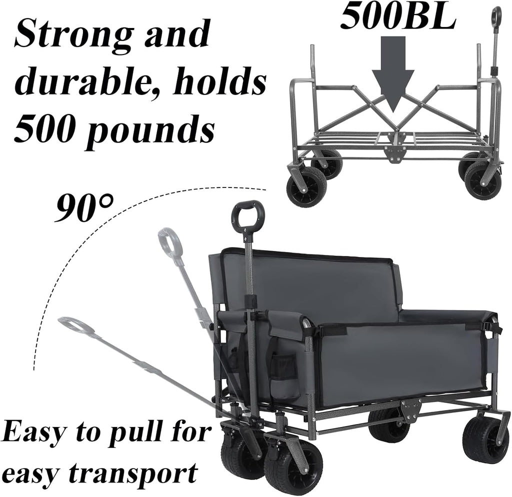 3-in-1 Convertible Folding Wagon Cart with Bench Seat & Storage - 500lbs Heavy-Duty Utility Wagon, 180L Capacity All-Terrain Wheels for Camping, Beach, Sports, Garden (Purple)