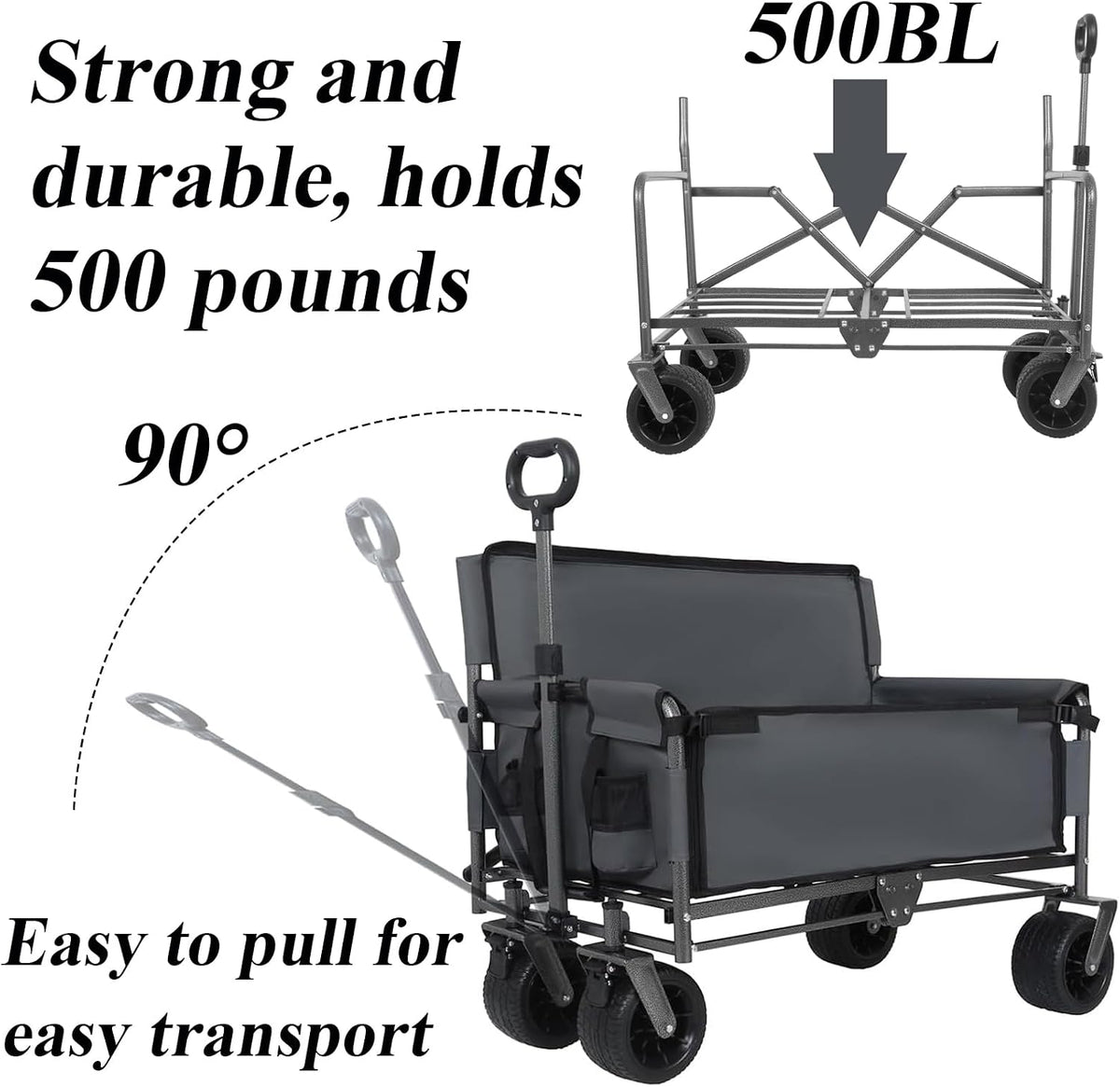 3-in-1 Convertible Folding Wagon Cart with Bench Seat & Storage - 500lbs Heavy-Duty Utility Wagon, 180L Capacity All-Terrain Wheels for Camping, Beach, Sports, Garden (Orange)
