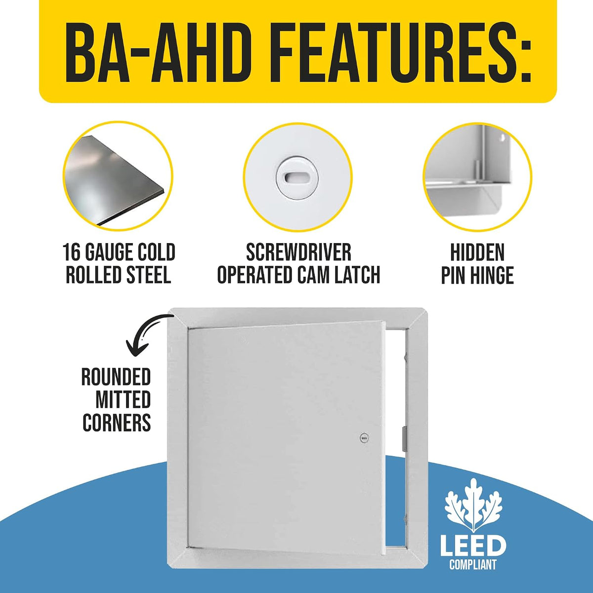 BEST BA-AHD 24' x 36' Metal Access Panel with Concealed Pin Hinge, LEED Compliant 16-Gauge Steel Access Door for Non-Rated Drywall/Ceilings, White Drywall Panel with Rounded Corners, Screwdriver Latch
