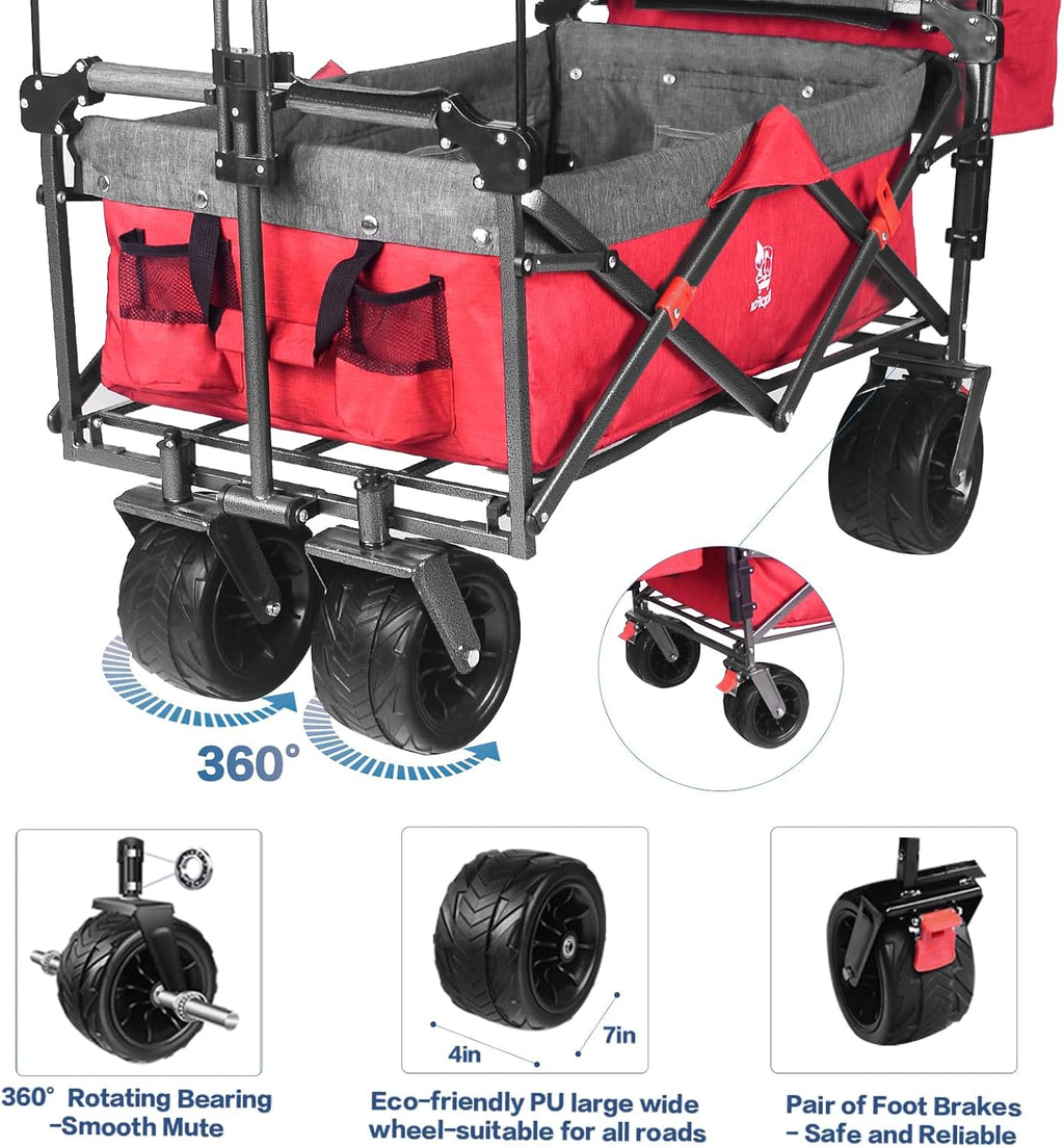 Collapsible Wagon Heavy Duty Folding Wagon Cart with Removable Canopy, 4' Wide Large All Terrain Wheels, Brake, Adjustable Handles,Cooler Bag Utility Carts for Outdoor Garden Wagons Carts Beach Cart