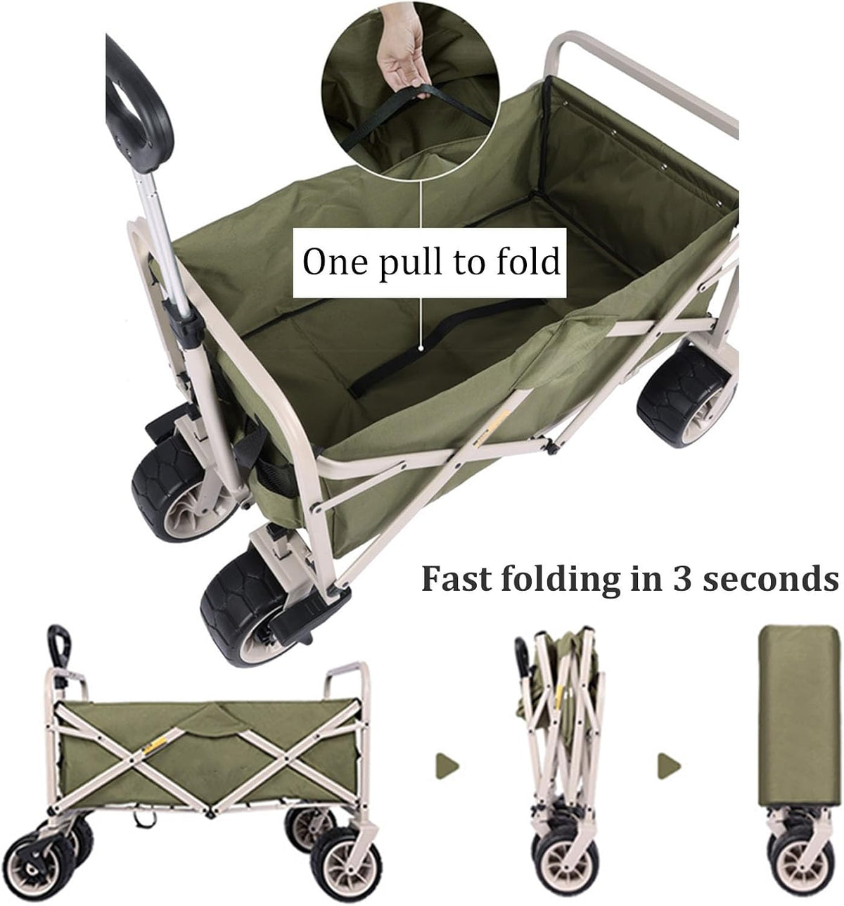 Garden Carts,Green Collapsible Wagon,Light Coffee Color Sports Outdoor Utility Wagon Folding Bearing 120Kg Garden Wagon Sports Heavy Duty Steel Frame Foldable Yard Car