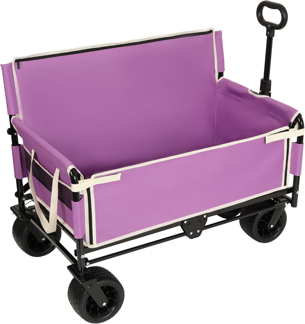 3-in-1 Convertible Folding Wagon Cart with Bench Seat & 180L Storage - 500lbs Heavy-Duty All-Terrain Wagon for Camping, Beach, Sports & Garden Use (Purple)