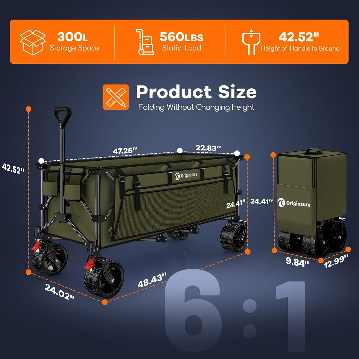 48' L Folding Beach Wagon Cart Foldable, 560lbs Weight Capacity 300L Heavy Duty Collapsible Wagons with Big All-Terrain Wheels, Utility Carts for Groceries, Shopping, Camping, Sports - Green