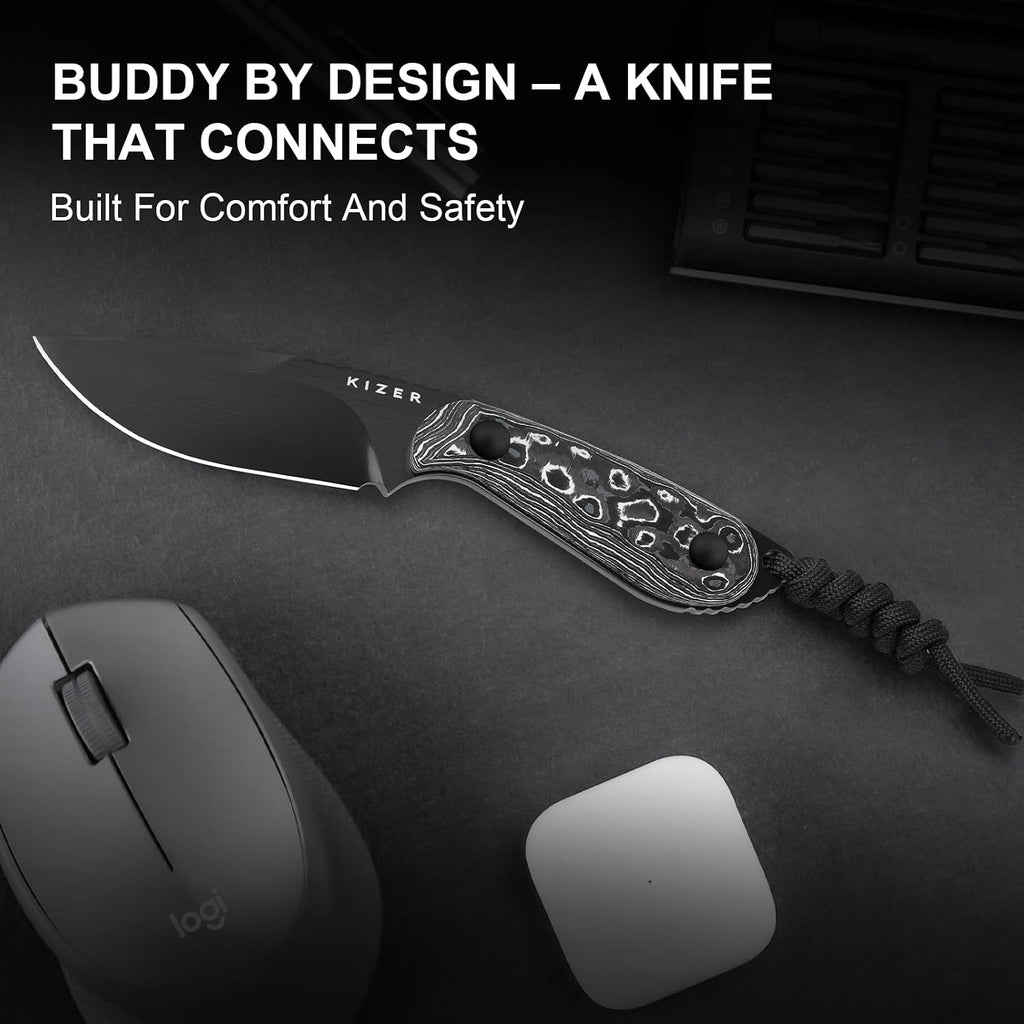 Kizer Buddy Fixed Blade Knife, 3' M390 Blade Camping Knife with Multicolored Fat Carbon White Storm Handle, Compact EDC Fixed Blade Knives with Sheath for Hiking Hunting Survival 1081A9