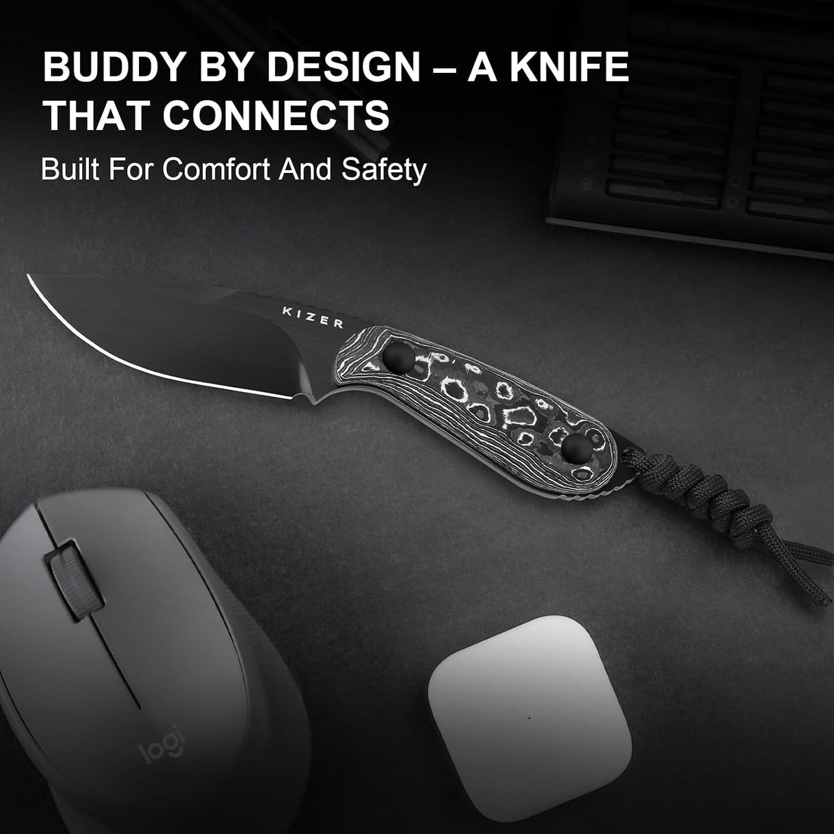 Kizer Buddy Fixed Blade Knife, 3' M390 Blade Camping Knife with Multicolored Fat Carbon White Storm Handle, Compact EDC Fixed Blade Knives with Sheath for Hiking Hunting Survival 1081A9