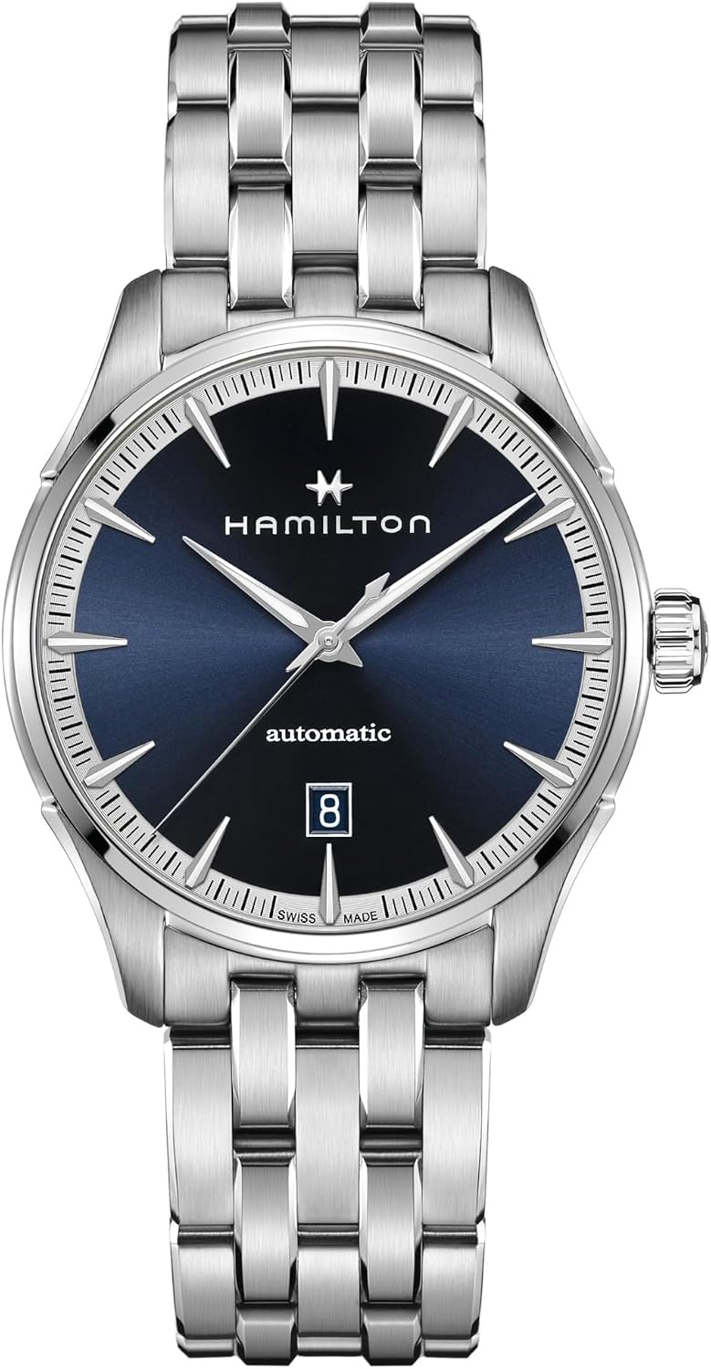 Hamilton Jazzmaster Automatic Men's Watch, 40mm Stainless Steel Case, Swiss Made, Blue Dial Analog Wrist Watch for Men, 50m Waterproof, Sapphire Crystal, 3-Hand Movement, Stainless Steel Strap