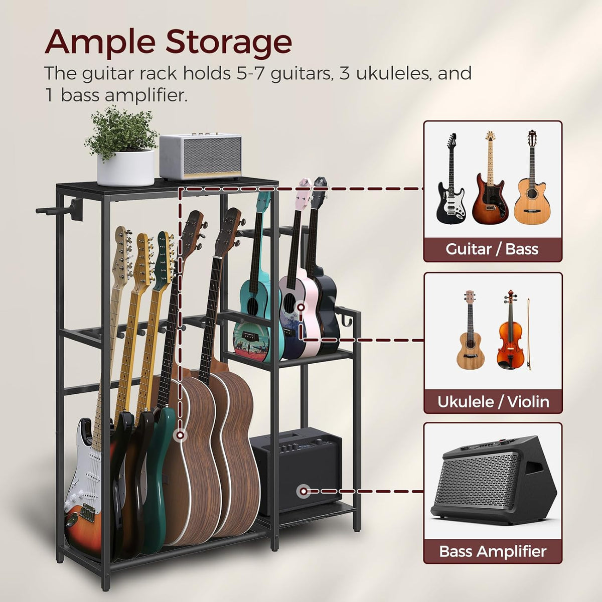 MAHANCRIS Mobile Printer Stand and Guitar Stand Bundle, 3-Tier Industrial Printer Cart with Power Outlets, with Guitar Accessory Holder, EVA Cover, for Home Studio, PTHB78E01-GSHB8701